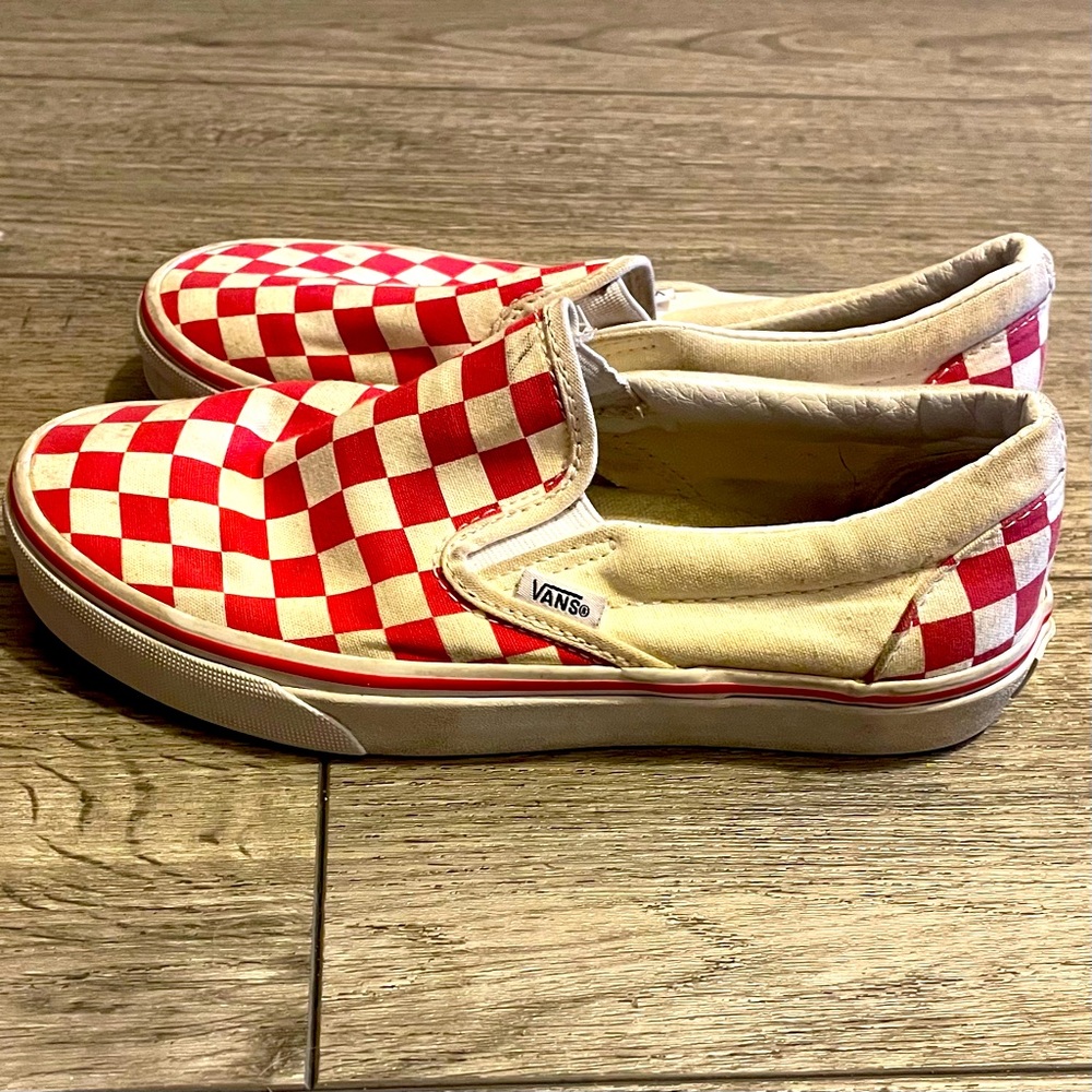 Red vans canvas checkered slip on shoes